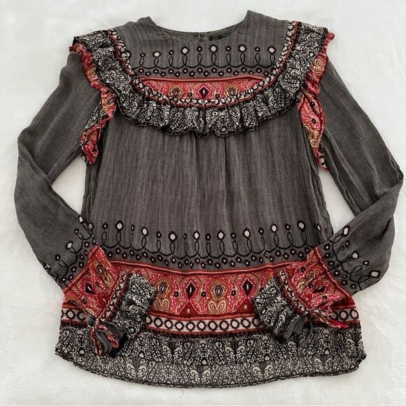 Zara Trafaluc Boho Ruffle Neck Long Sleeve Top, Size XS - Picture 6 of 10